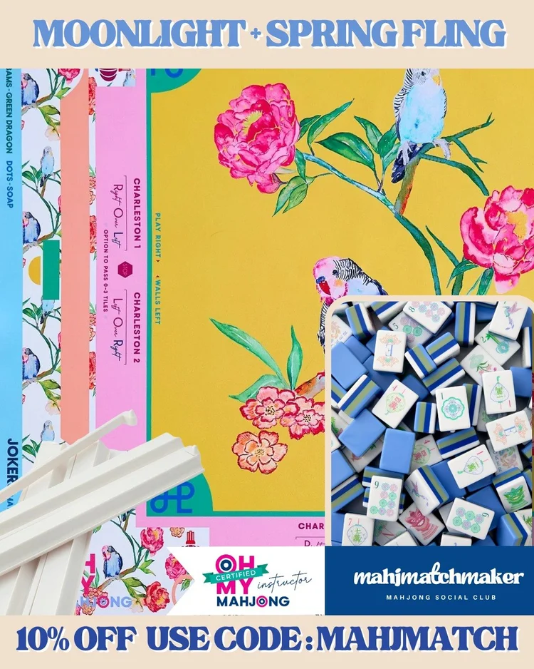 Oh My Mahjong Moonlight mahjong tiles with Oh My Mahjong Spring Fling mahjong mat