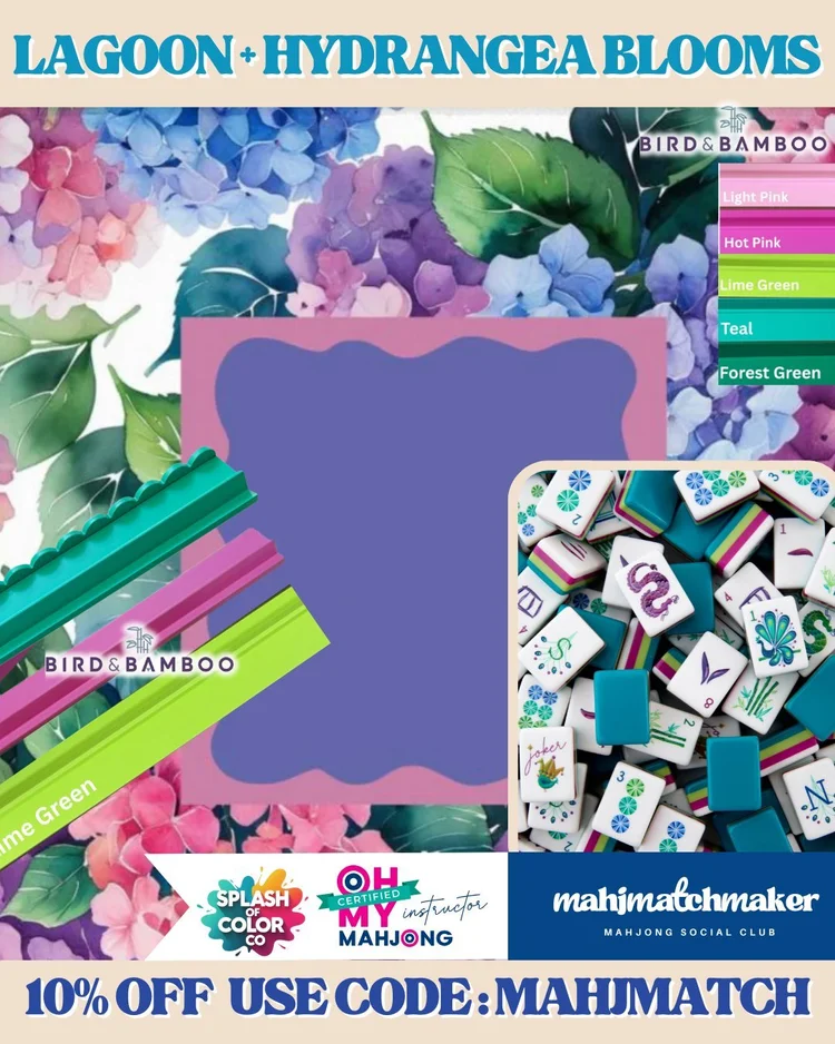 Oh My Mahjong Lagoon mahjong tiles with Splash of Color Hydrangea Blooms mahjong mat