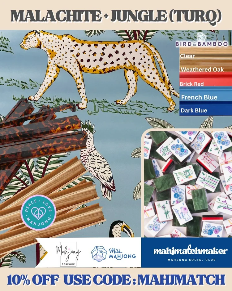 Miss Mahjong Malachite mahjong tiles with Bespoke Mahjong Jungle Turquoise mahjong mat