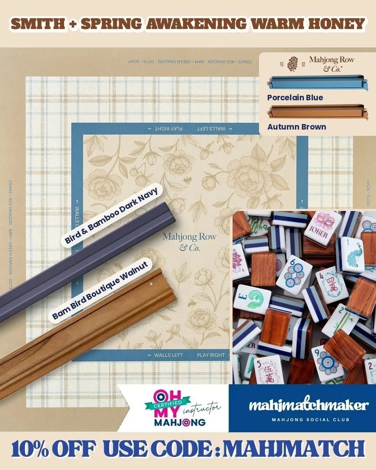 Oh My Mahjong Smith mahjong tiles with Mahjong Row and Co. Spring Awakening Warm Honey mahjong mat