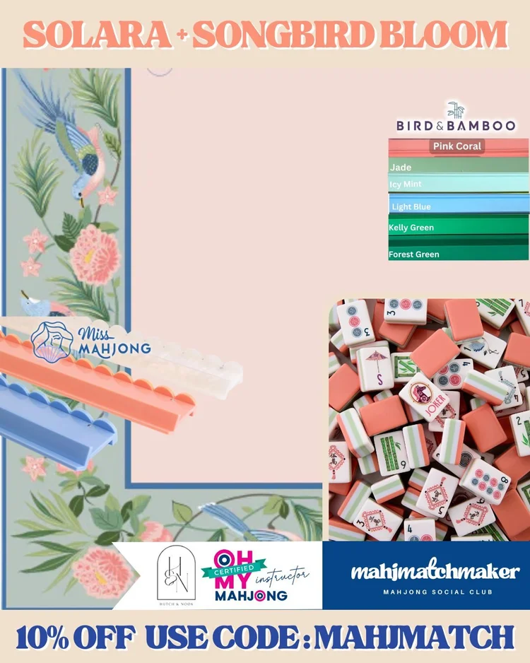 Oh My Mahjong Solara mahjong tiles with Hutch & Nook Songbird Bloom mahjong mat
