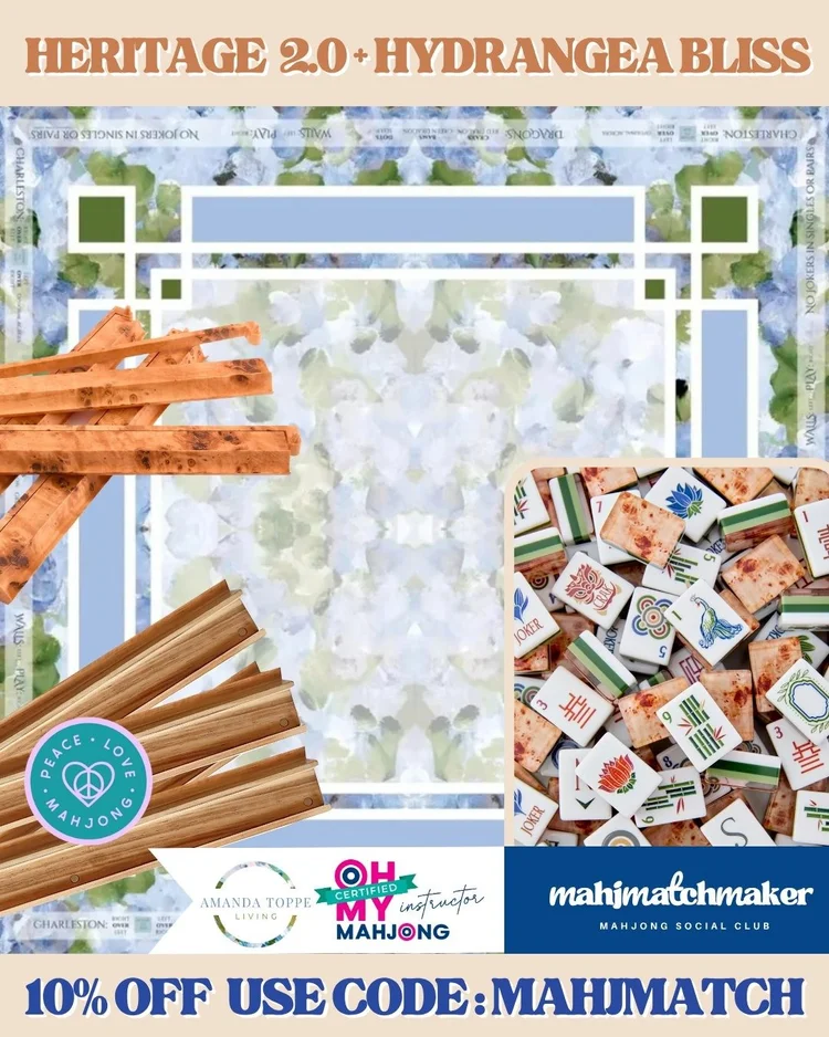 Oh My Mahjong Heritage 2.0 mahjong tiles with Amanda Toppe Hydrangea Bliss mahjong mat