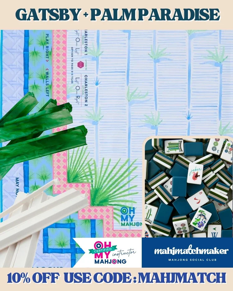 Oh My Mahjong Gatsby mahjong tiles with Oh My Mahjong Palm Paradise mahjong mat
