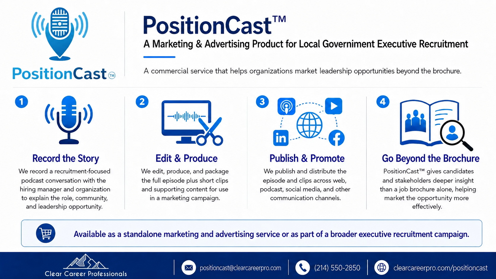 Overview of PositionCast marketing and advertising service for government recruitment, including steps: record the story, edit and produce, publish and promote, go beyond the brochure, with icons for microphone, editing, social media, and a magnifying glass over an open book.