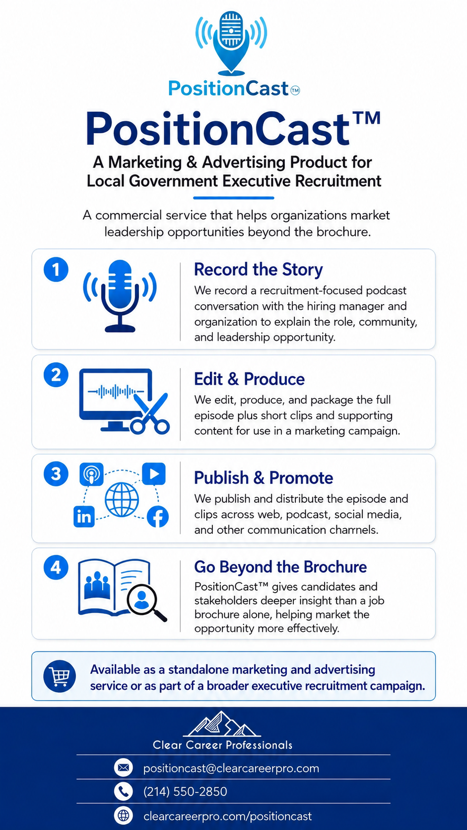 A flyer for PositionCast, a marketing and advertising product for local government executive recruitment. It outlines four steps: record the story, edit and produce, publish and promote, and go beyond the brochure, along with contact information and branding.