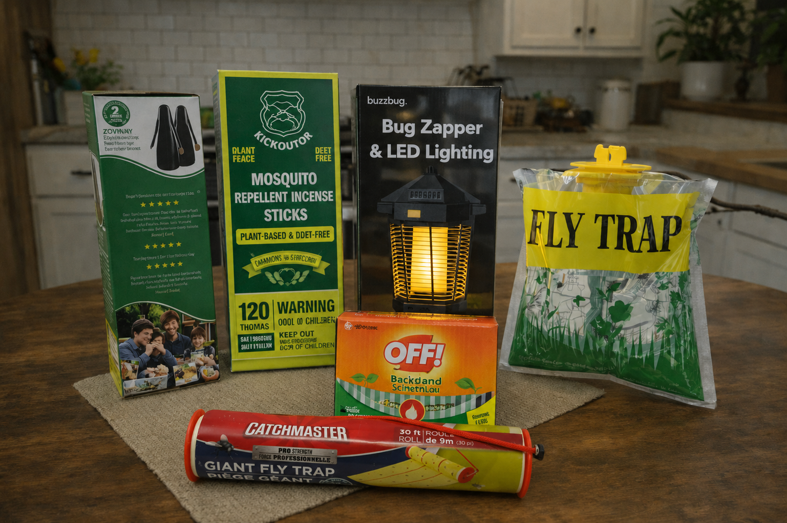 Six outdoor fly control products lined up for side-by-side testing