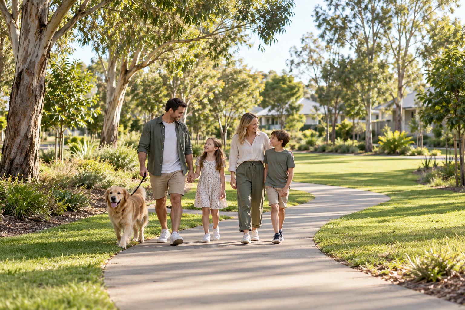 Illustrative AI-generated family walking a dog in a leafy Queensland-style park
