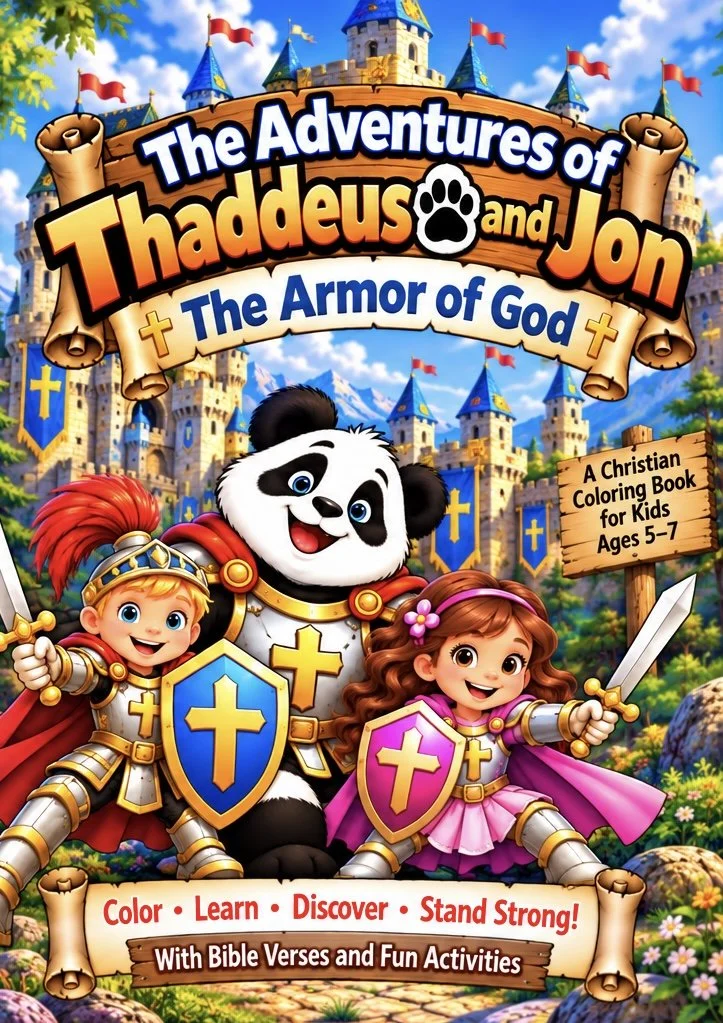 The Adventures of Thaddeus and Jon: The Armor of God coloring book cover, featuring Thaddeus, Jon, and Grace in armor