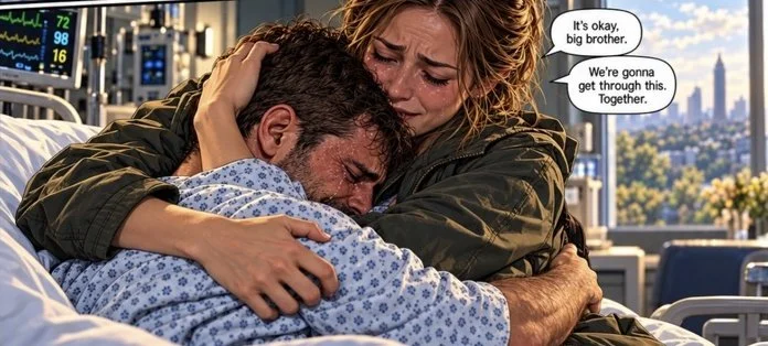 Comic artwork showing a woman comforting a man in a hospital