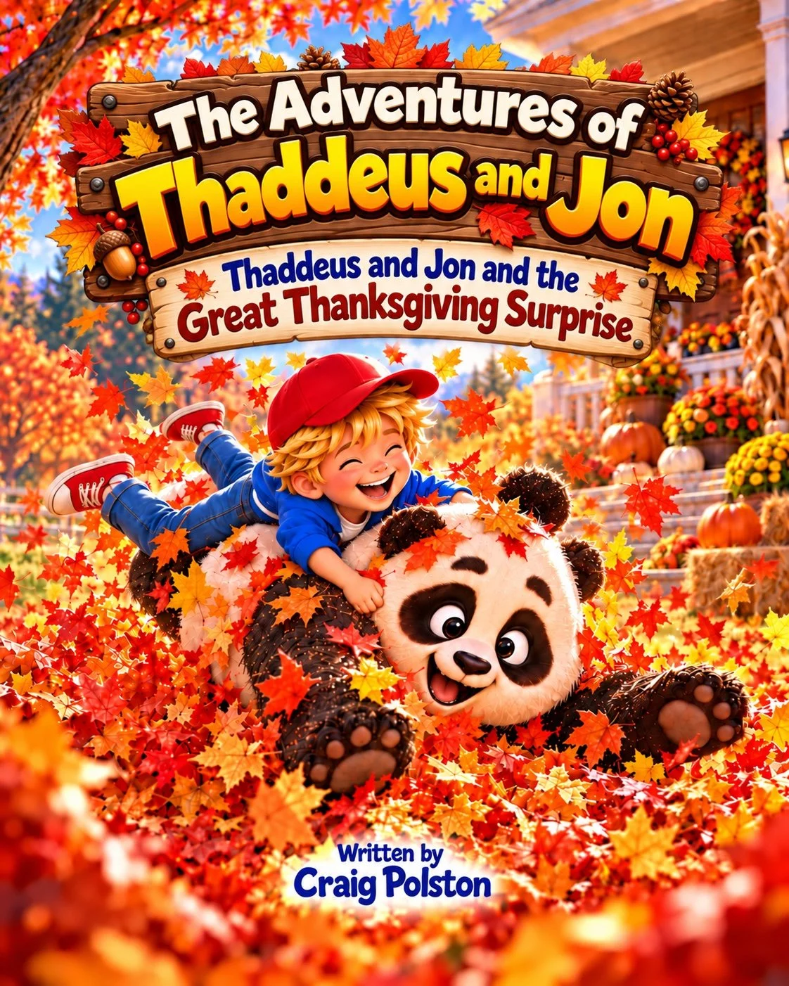 Cover of Thaddeus and Jon and the Great Thanksgiving Surprise, with Jon and Thaddeus playing in autumn leaves
