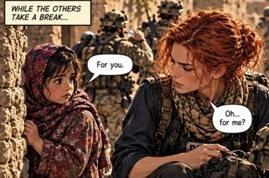 Comic artwork showing a child offering a handmade doll to a reporter