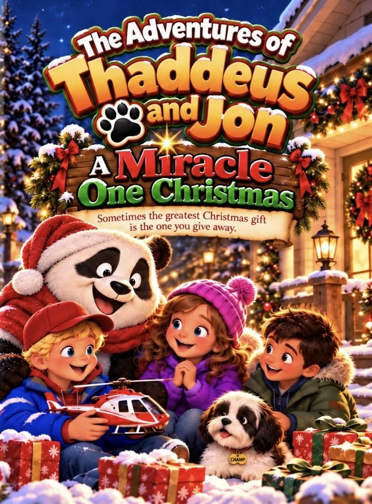 Cover of A Miracle One Christmas, with Thaddeus, Jon, Grace, Mateo, and Champ celebrating Christmas