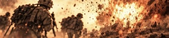 Comic artwork showing a military patrol near an explosion