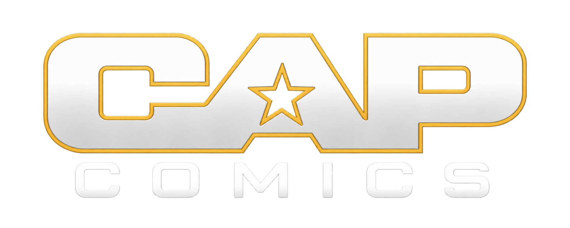 CAP Comics silver logo with gold outlines around CAP and the star inside the A