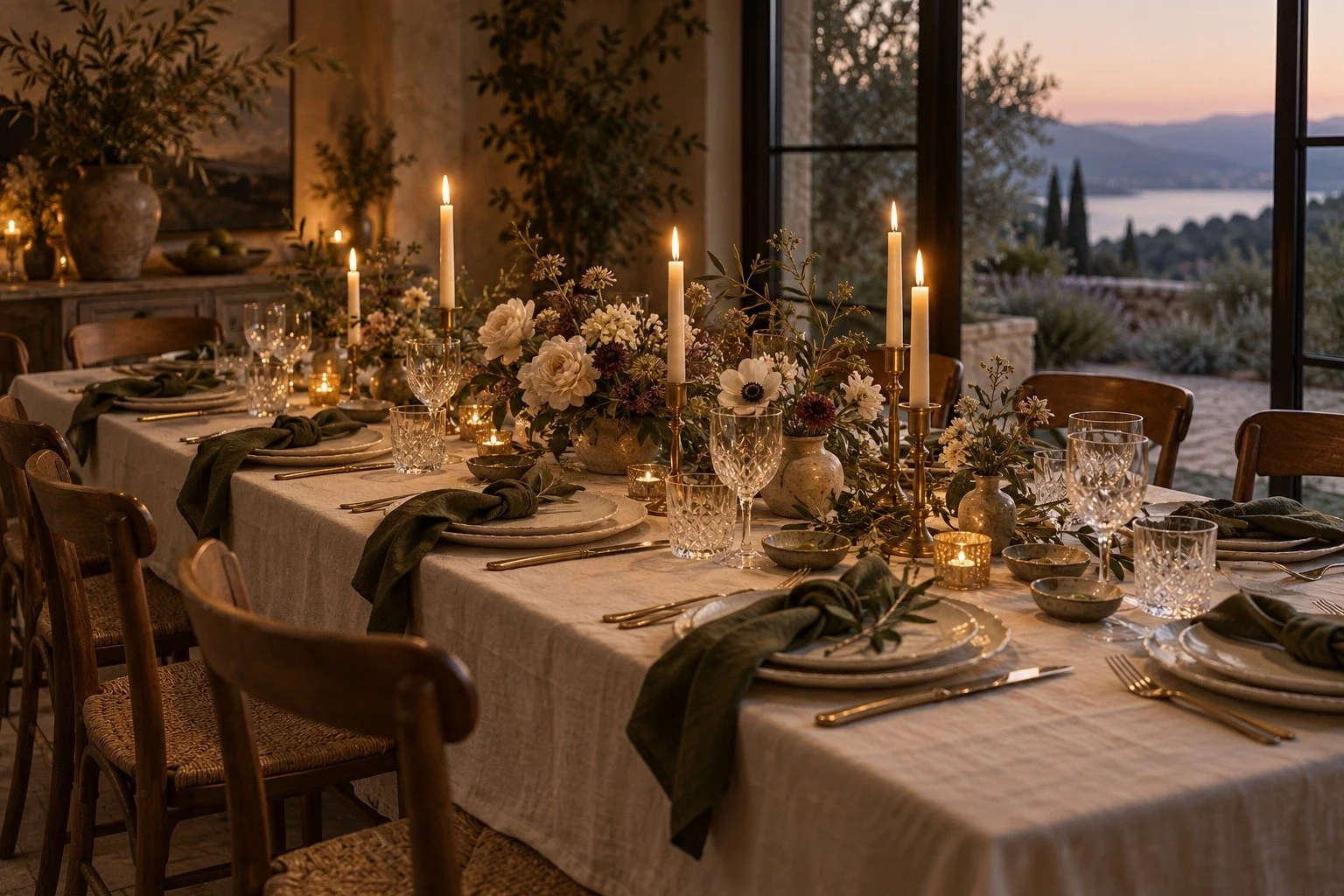 Illustrative curated table with cream linens, olive napkins, flowers and candlelight