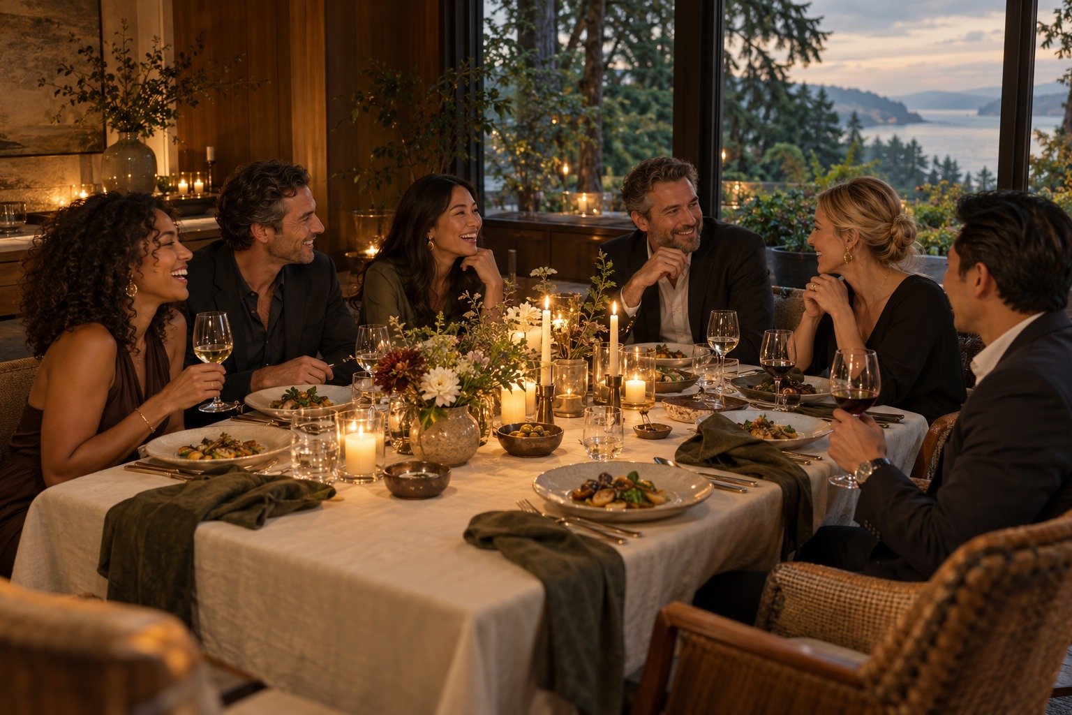 Illustrative supper club scene: guests sharing a candlelit dinner