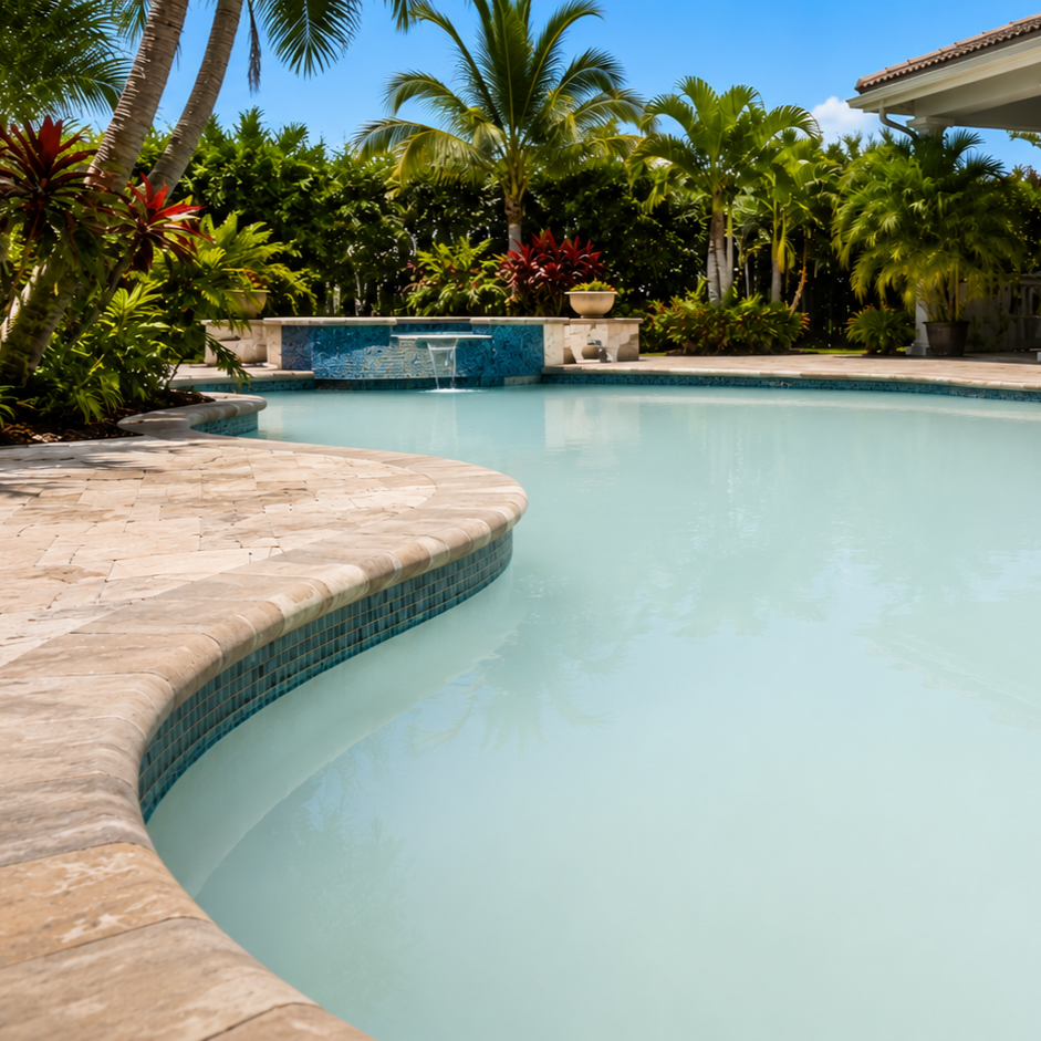 cloudy outdoor swimming pool with hazy blue water