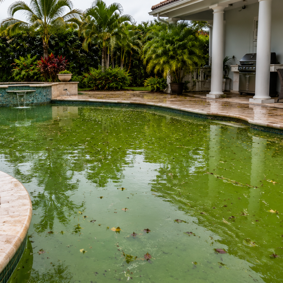 green pool water after a heavy rain storm