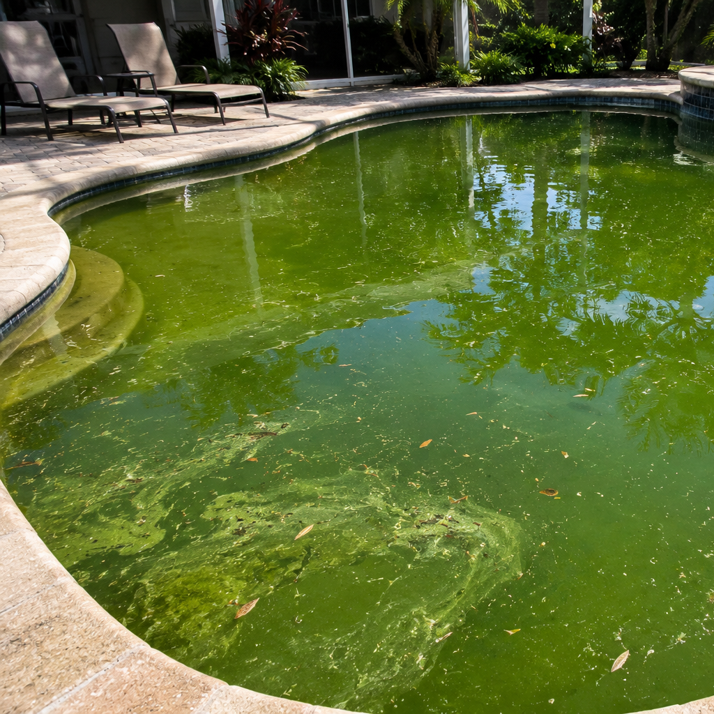dark green untreated pool water with surface film