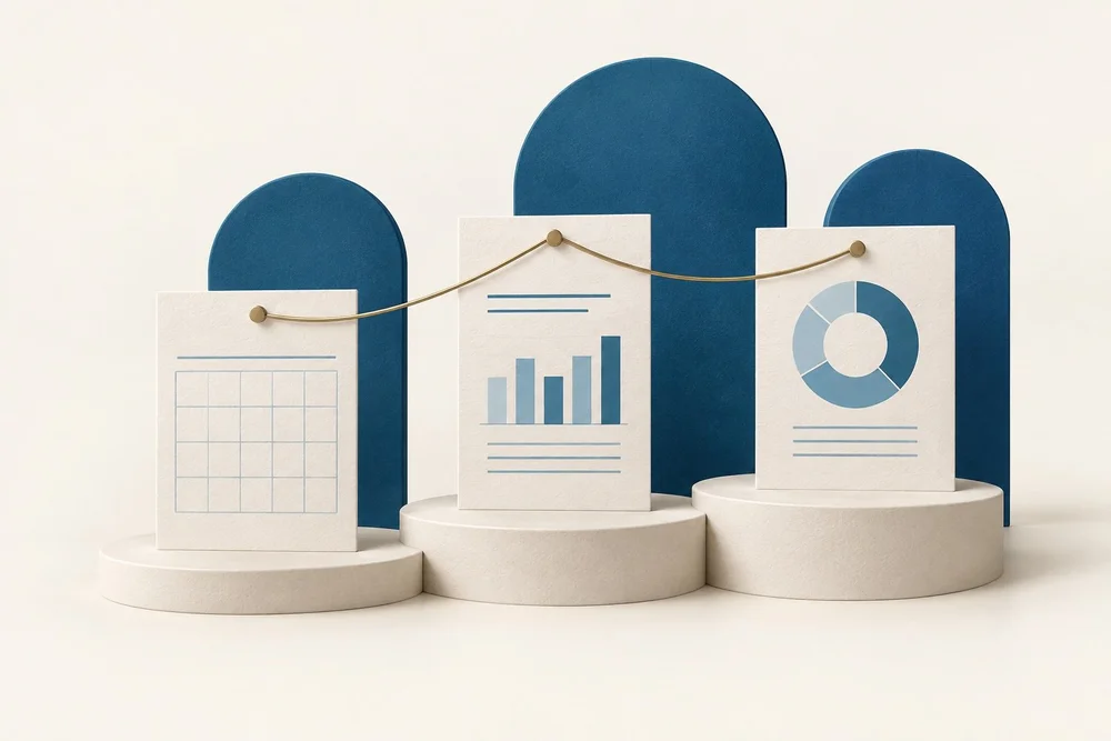Blue and ivory illustration of a planning calendar and financial reports