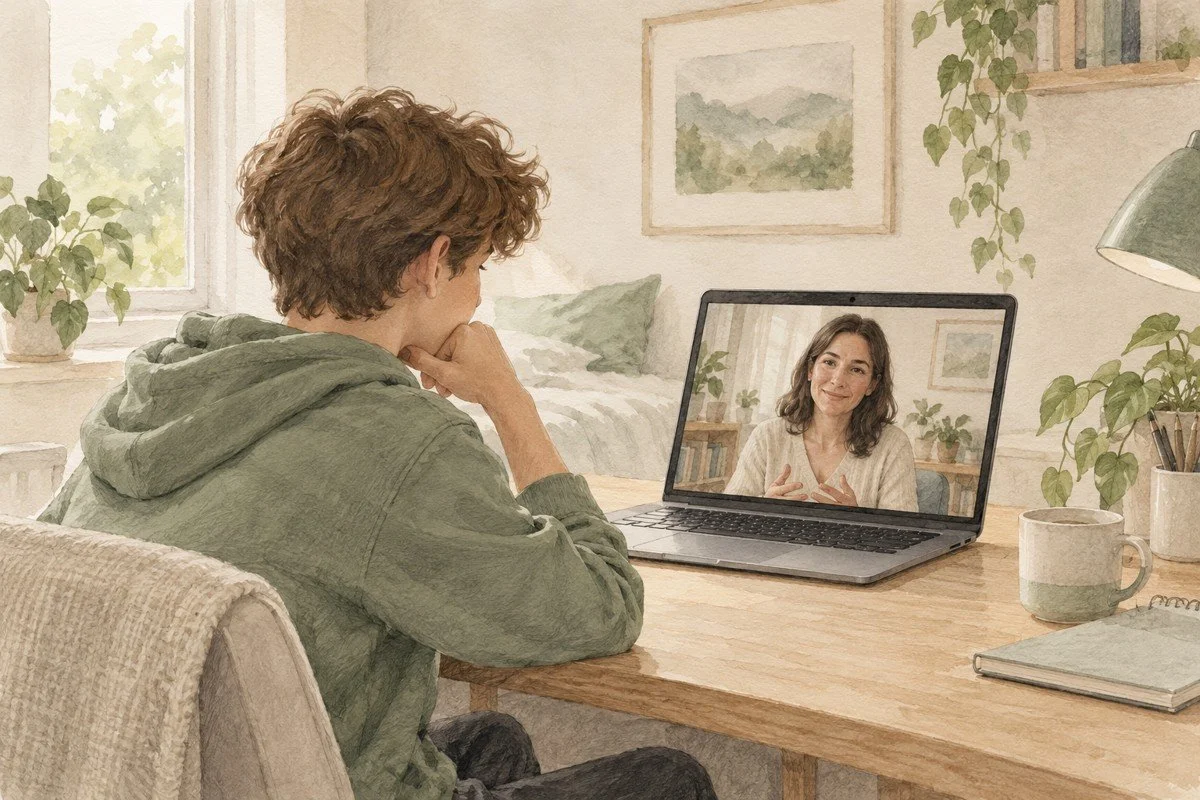 Watercolour illustration of an adolescent attending a telehealth therapy session on a laptop.