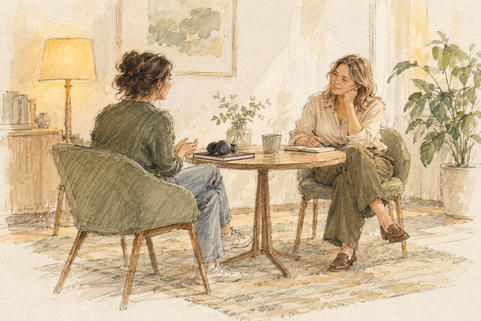 Illustration of a supportive assessment conversation in a calm consultation space