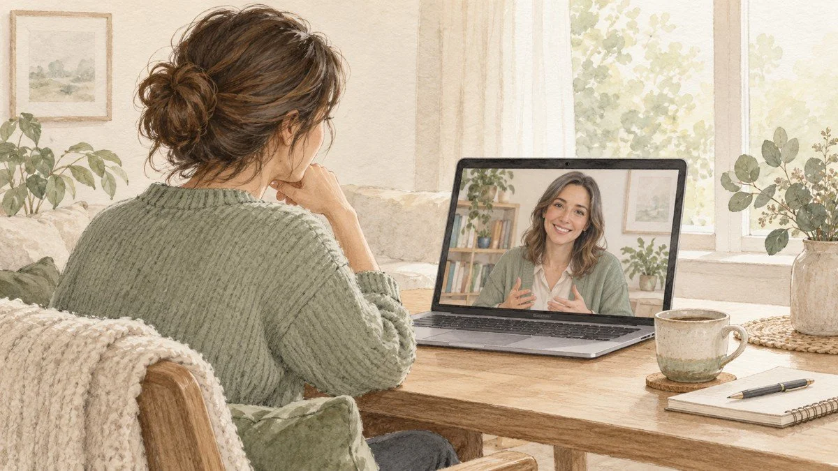 Watercolour illustration of a parent attending a telehealth consultation on a laptop.