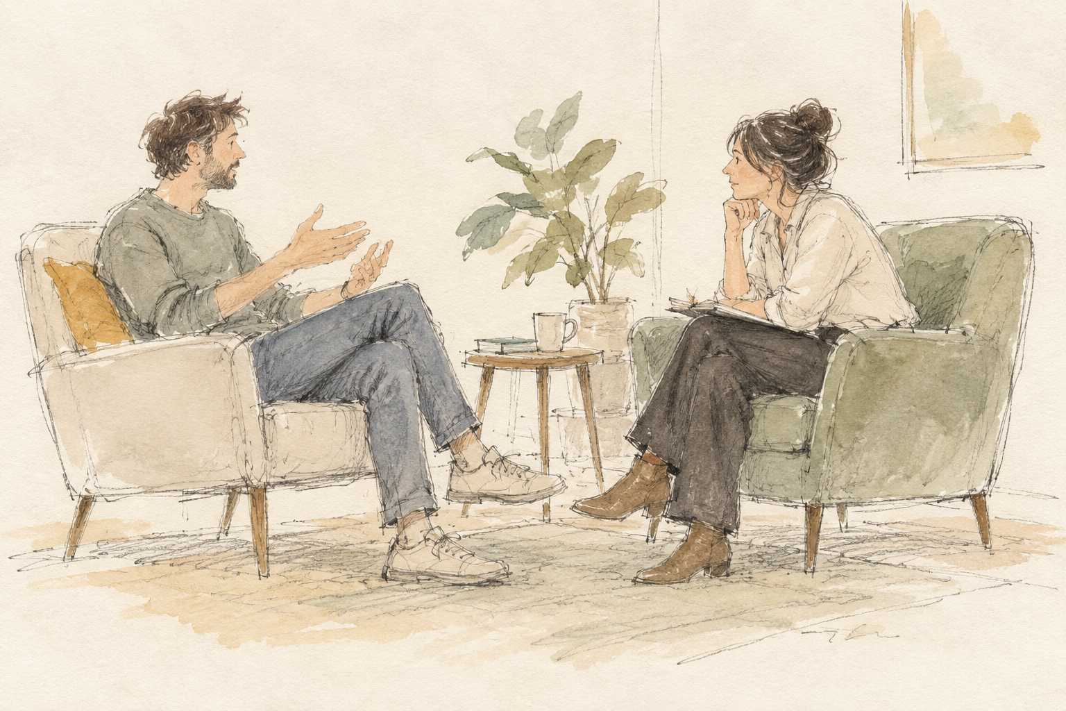 Illustration of a calm one-to-one therapy conversation
