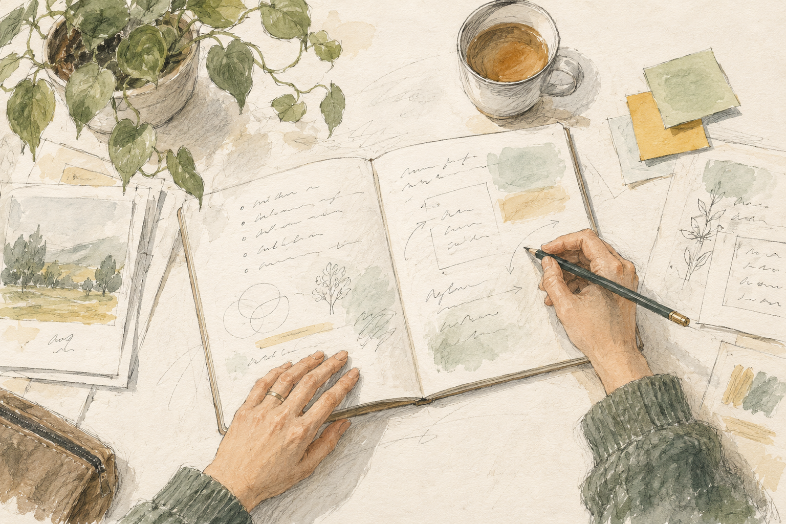 Pencil-and-watercolour illustration of hands writing in an assessment notebook