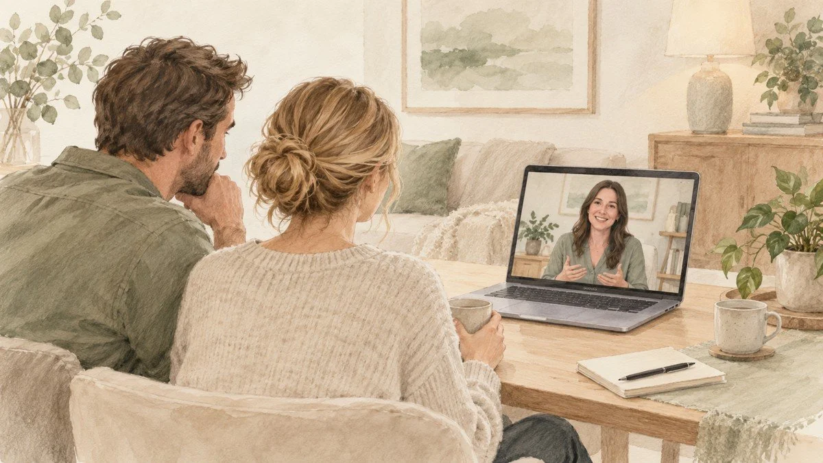 Watercolour illustration of parents attending a telehealth feedback consultation on a laptop.