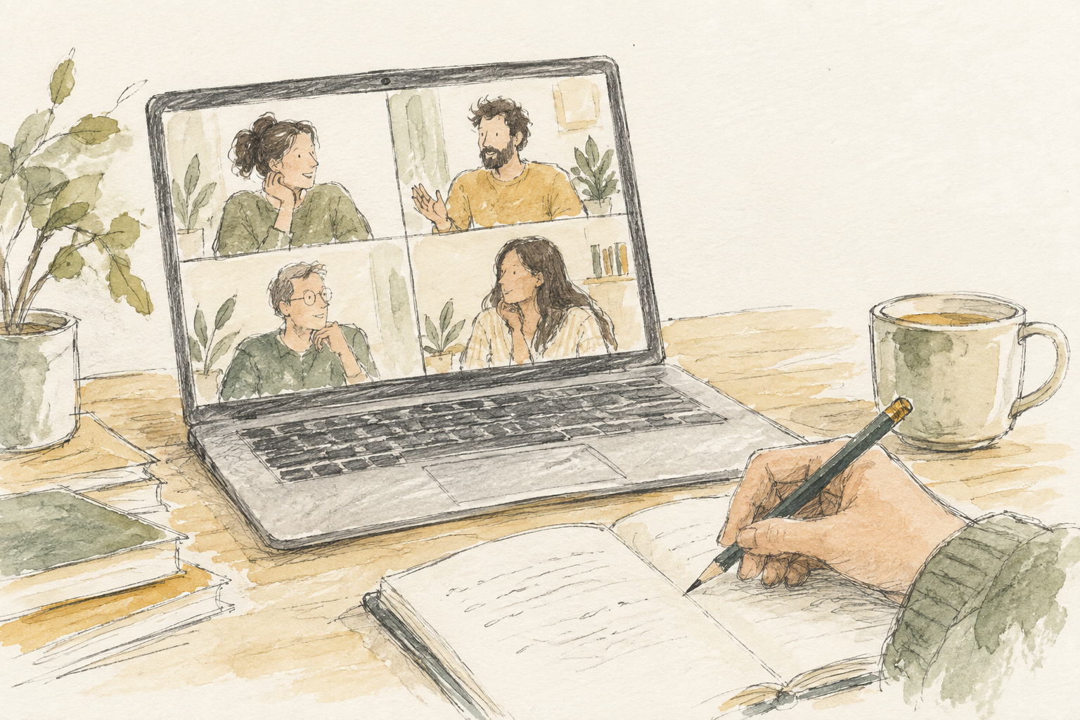 Illustration of people taking part in an online group therapy session