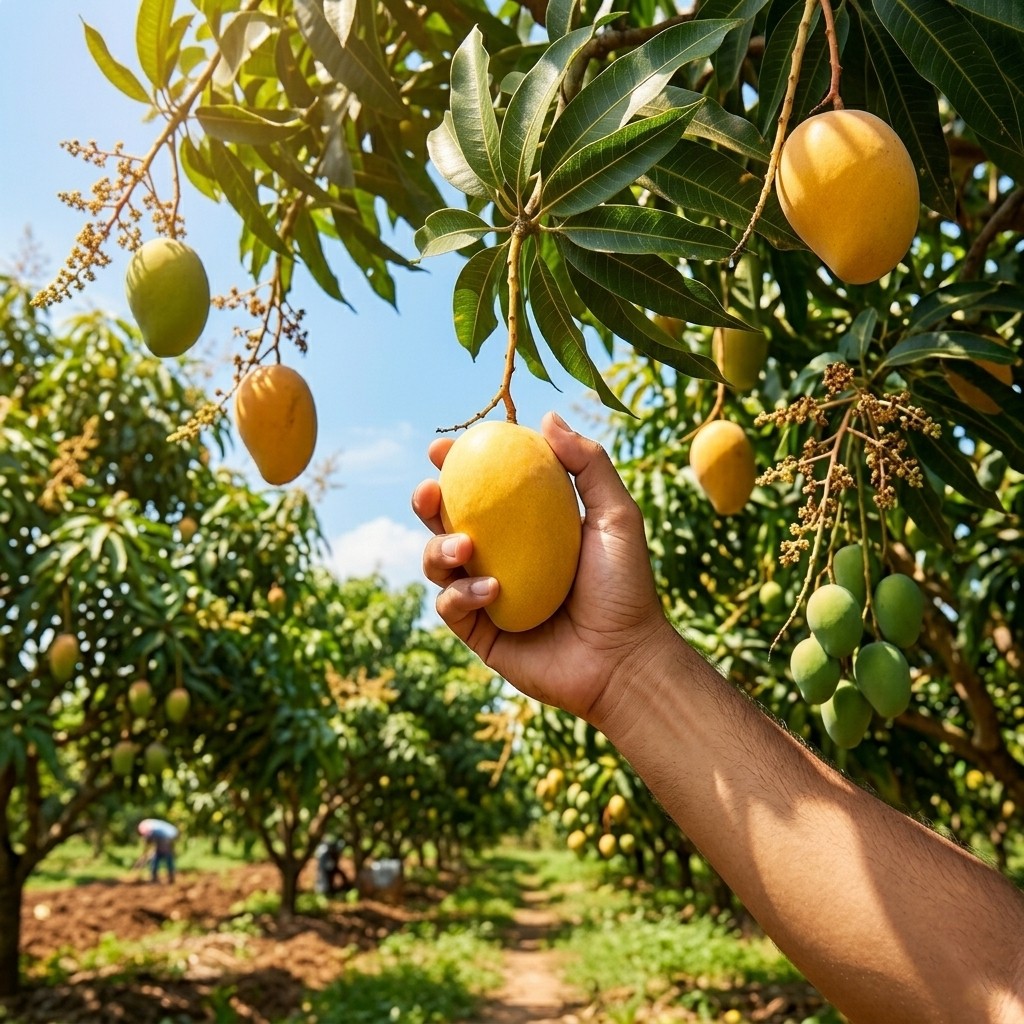 Hand plucking a mango