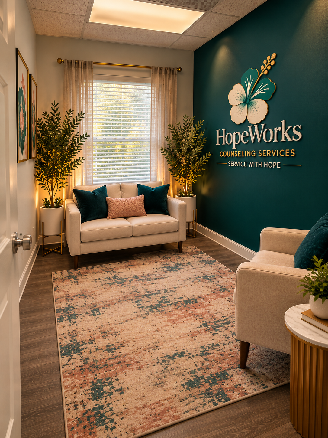 HopeWorks Counseling Services welcoming counseling office featuring a deep teal wall, HopeWorks logo, and comfortable seating
