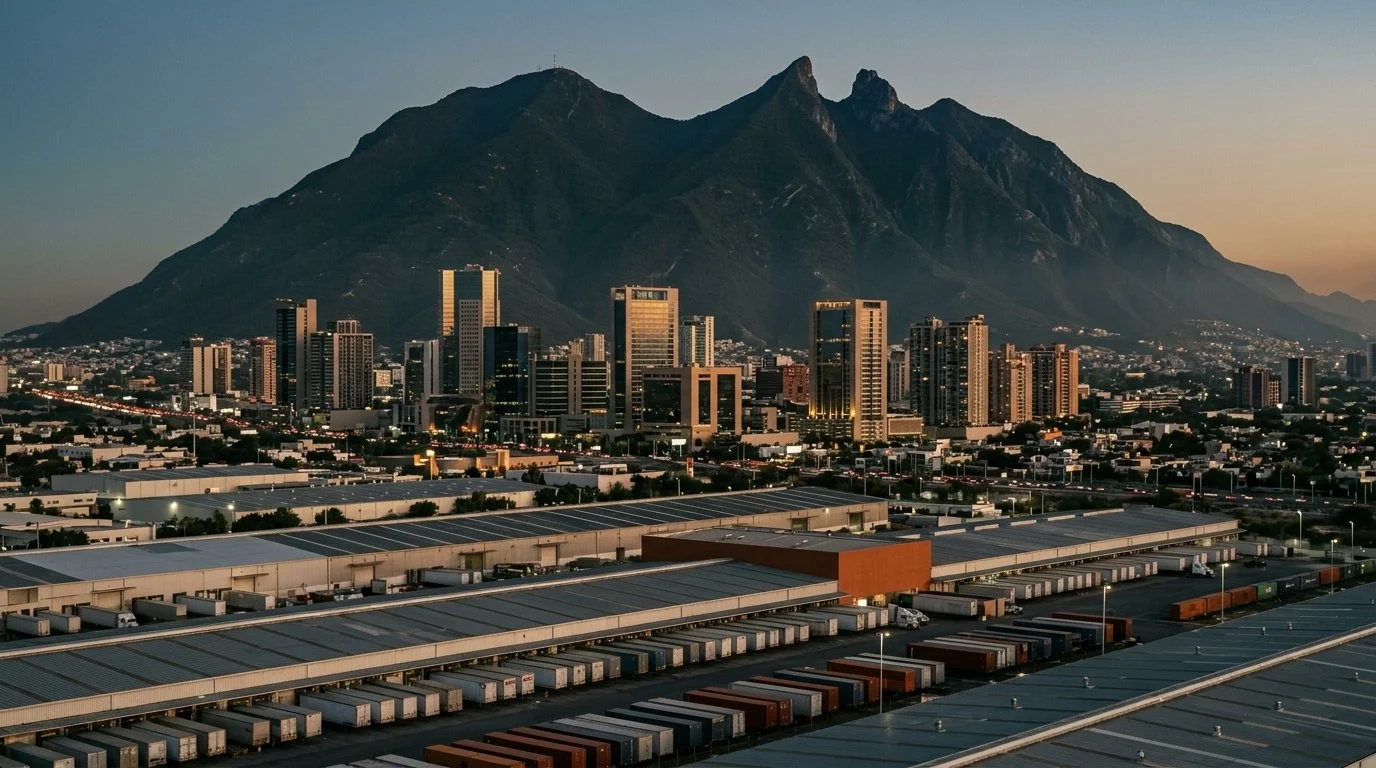 Monterrey at dusk with the Cerro de la Silla mountain behind office towers and an industrial park