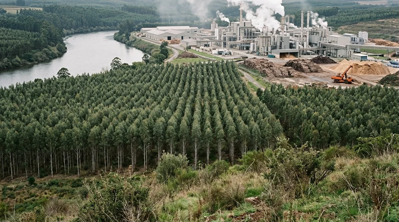 Rows of eucalyptus trees running toward a pulp mill with white steam beside a river