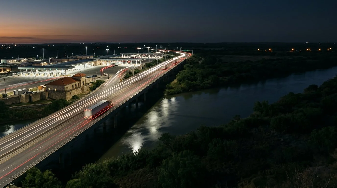 Trucks crossing the World Trade Bridge at Laredo at night, seen as light trails