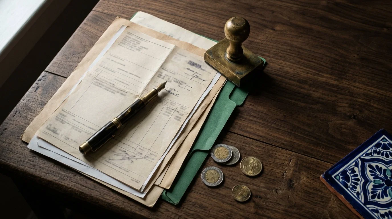 Trade documents, a fountain pen, a customs stamp, peso and dollar coins and a Talavera tile on a walnut desk