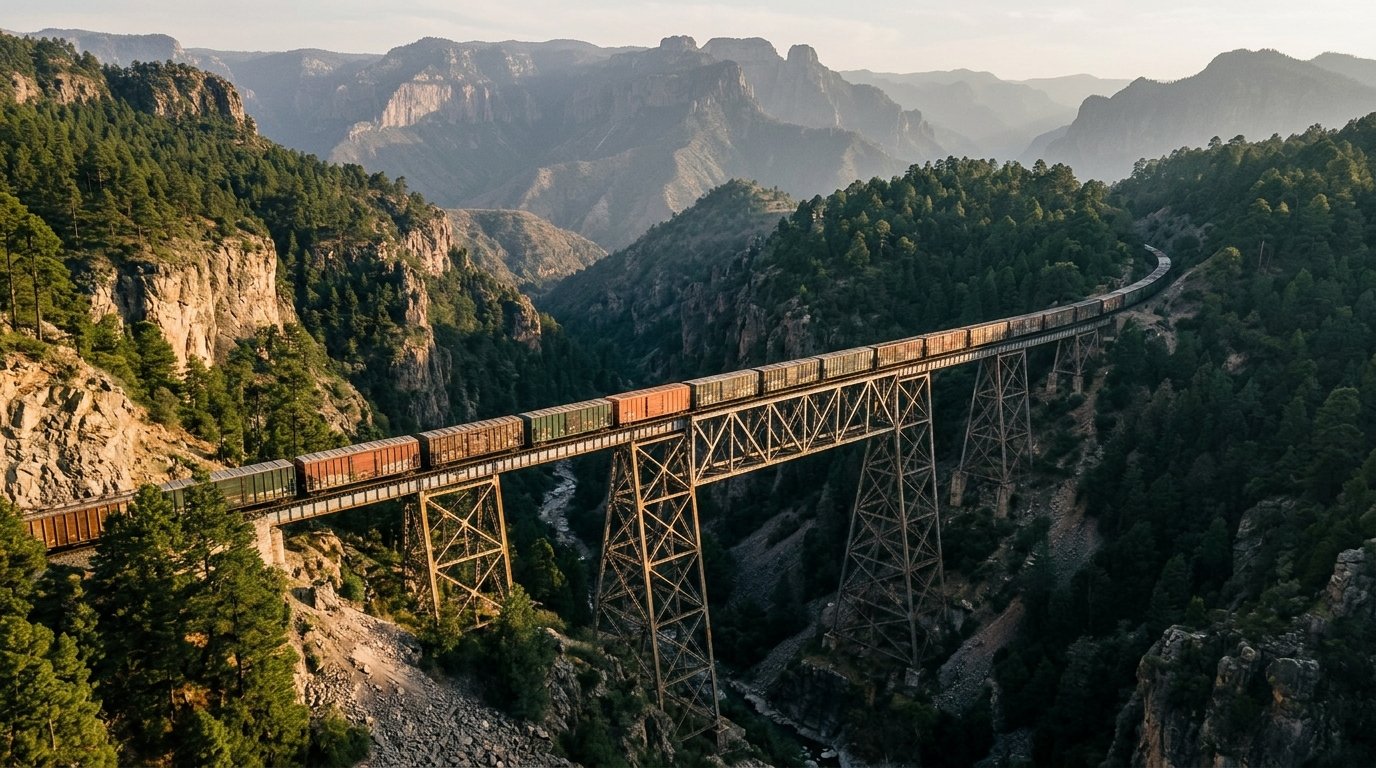 A freight train crossing a high bridge over a canyon in the Sierra Madre at golden hour