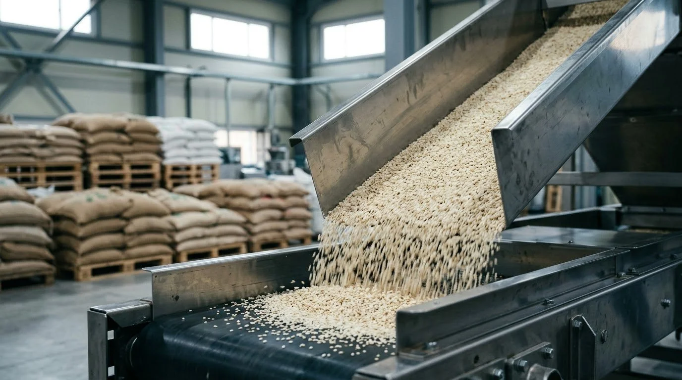 White hulled sesame seeds flowing down a steel chute onto a sorting conveyor in a processing plant.