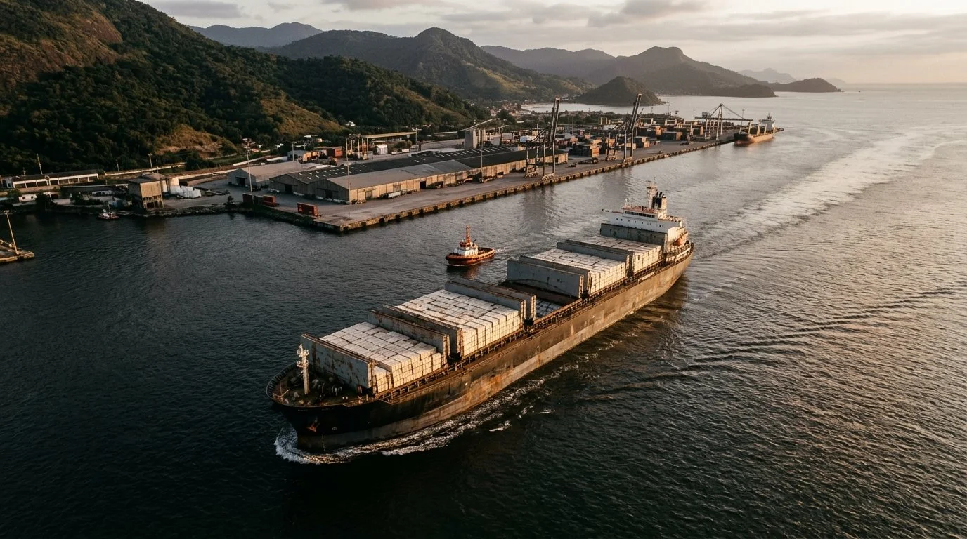 A pulp ship leaving a Brazilian port at sunset