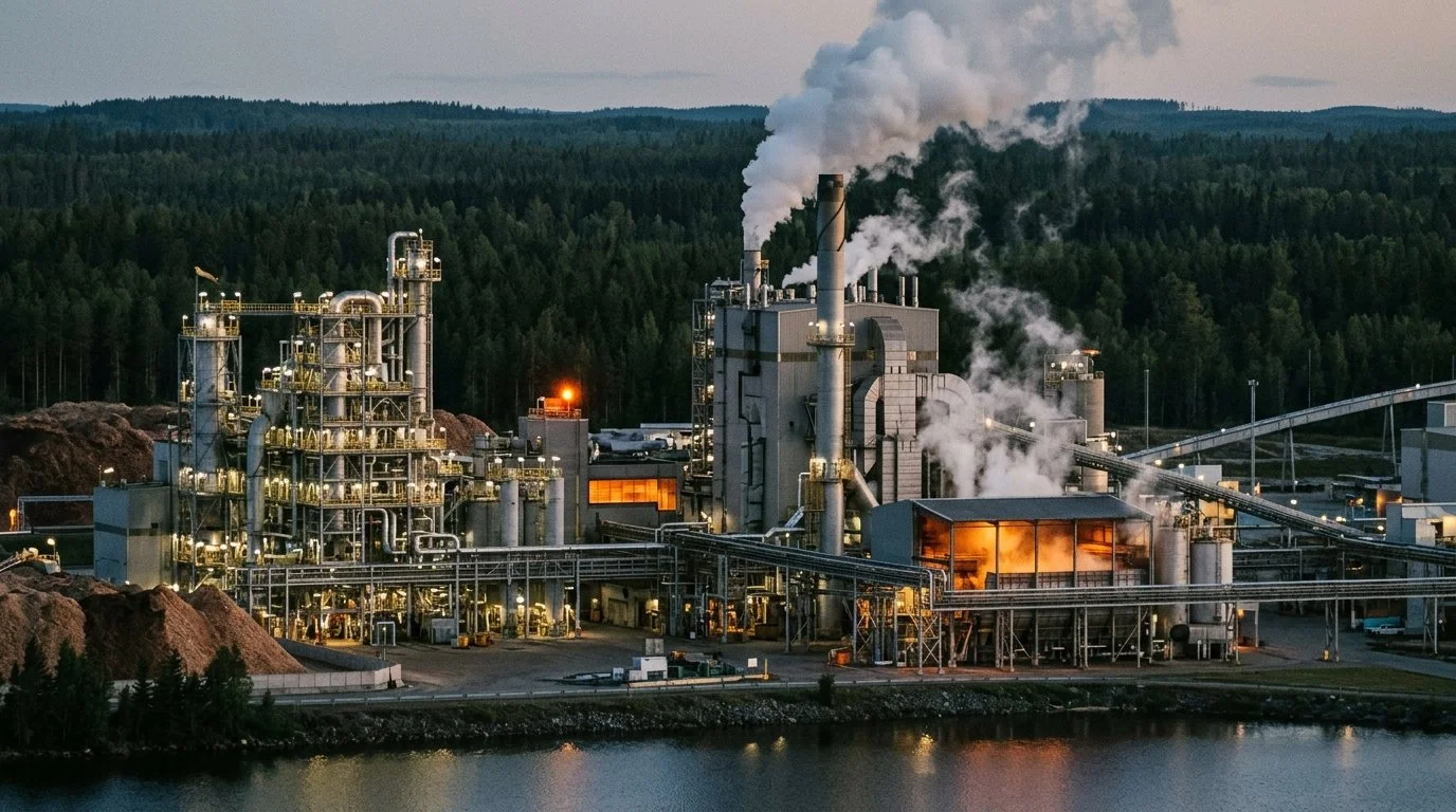 A modern kraft pulp mill at dusk with steam rising from the recovery boiler