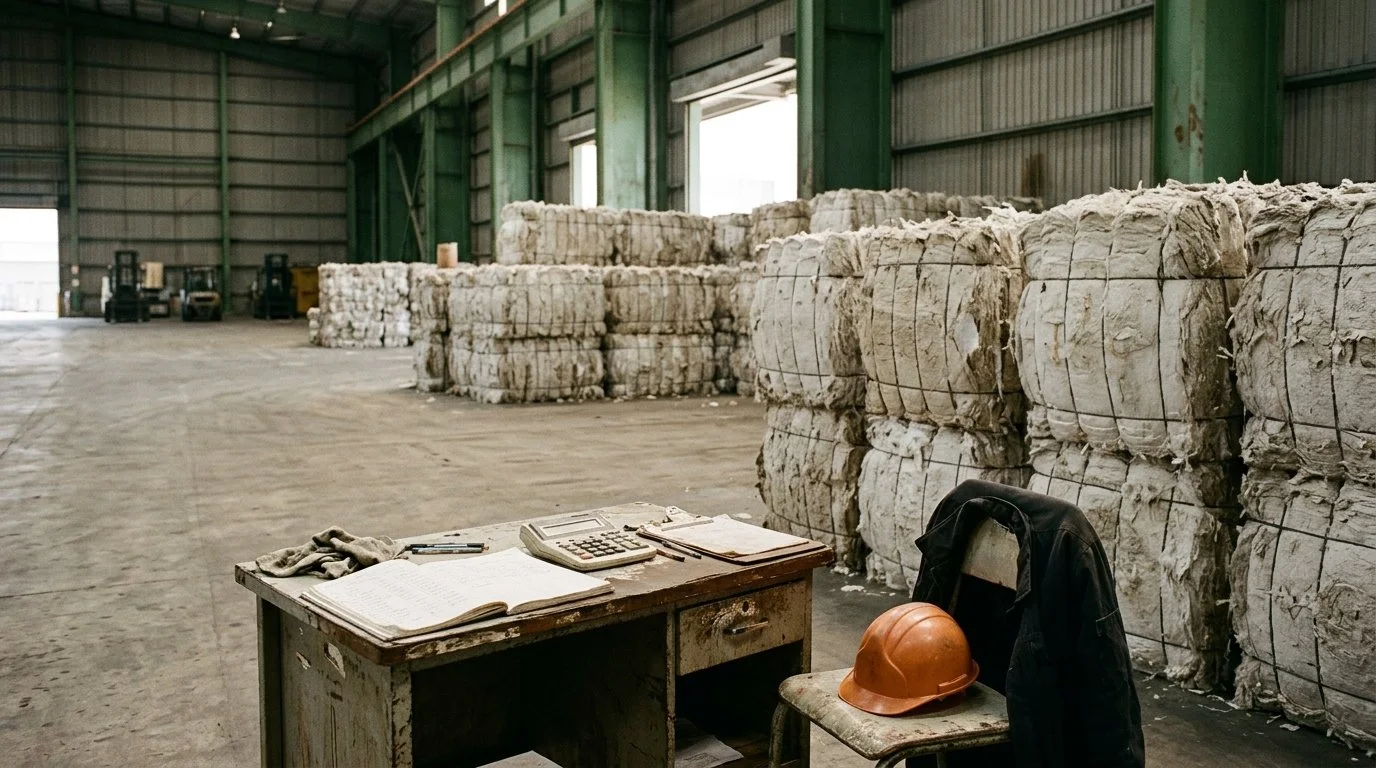 Units of pulp bales stacked in a port warehouse with a ledger on a desk in the foreground