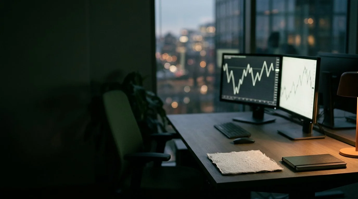 A trading desk at dusk with screens of abstract charts
