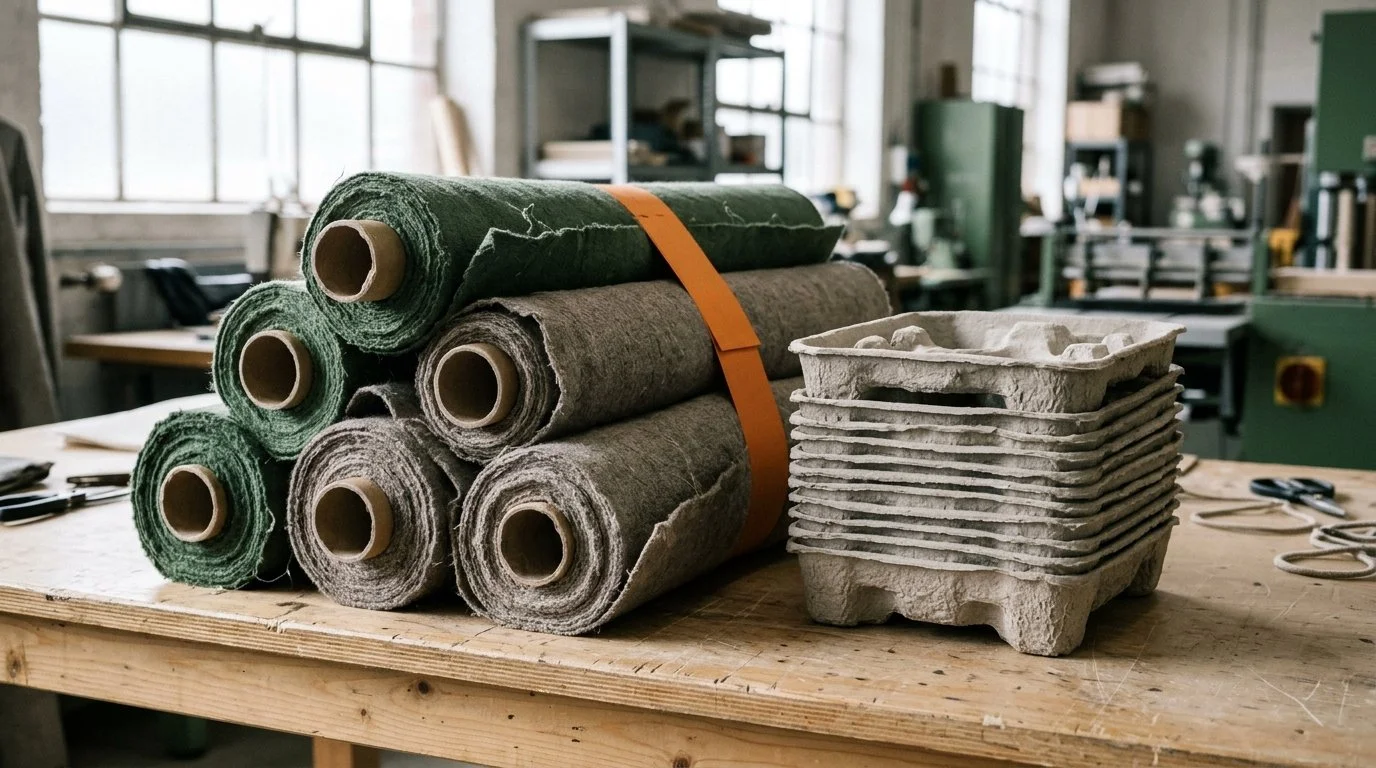 Rolls of fabric made from wood-based fiber beside a stack of molded fiber trays