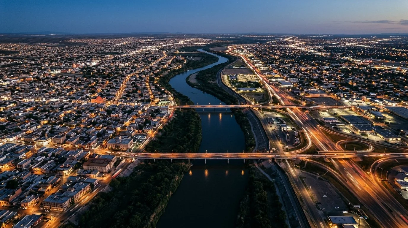 The Rio Grande at blue hour from above, with Mexico on one bank and Texas on the other