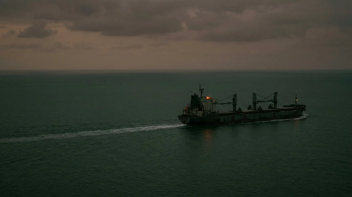 A pulp ship at sea at dusk