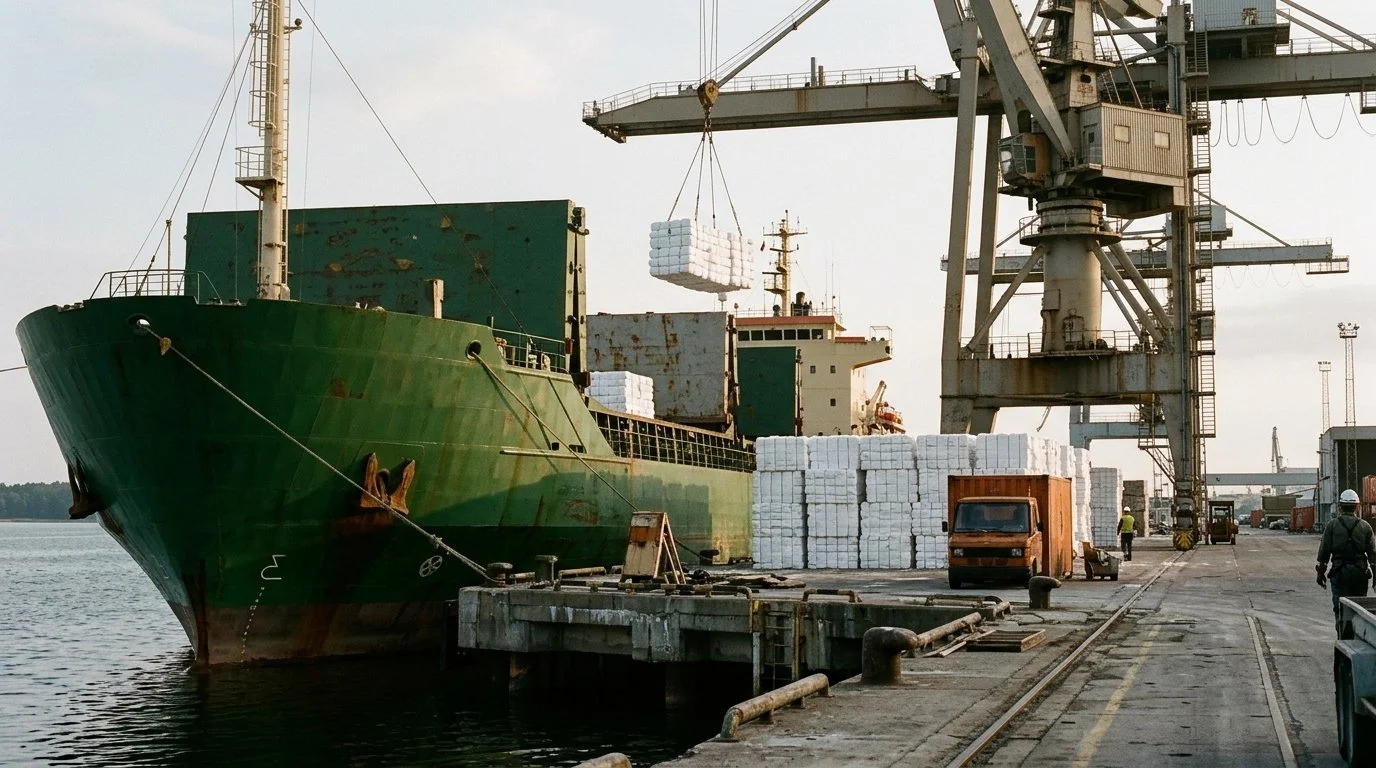A large cargo ship being loaded with units of white pulp bales at a quay