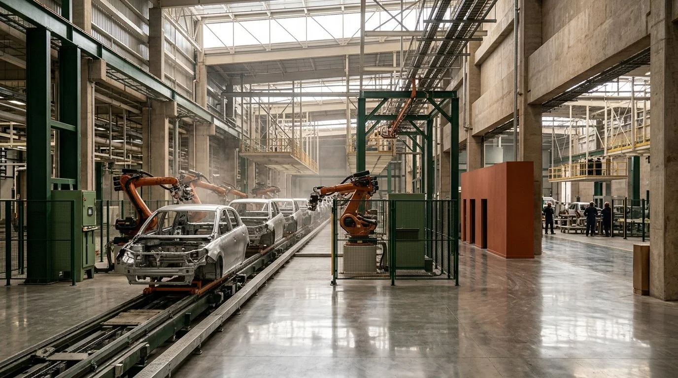 A long line of car bodies on an assembly line with robot arms in a Mexican plant
