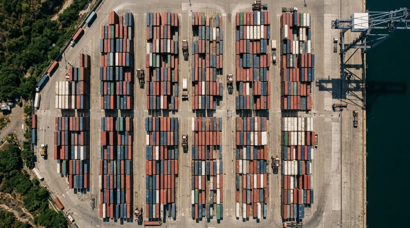 Rows of stacked containers at the port of Manzanillo seen from above