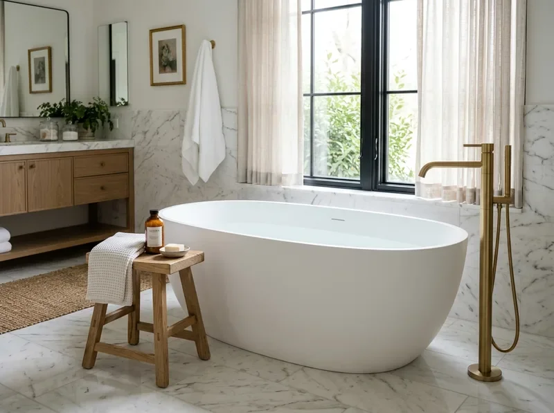 Freestanding Soaking Tub with Gold Fixture